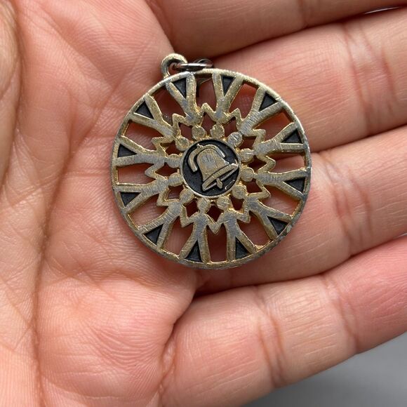 Vintage PacBell Telephone Pendant Gold Tone Bell Logo People Holding Hands - Picture 3 of 5